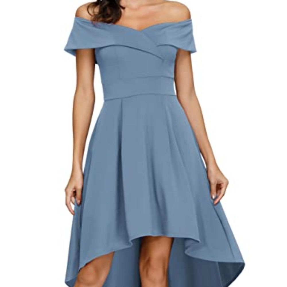 Elegant Off-Shoulder High Low Dress in Blue